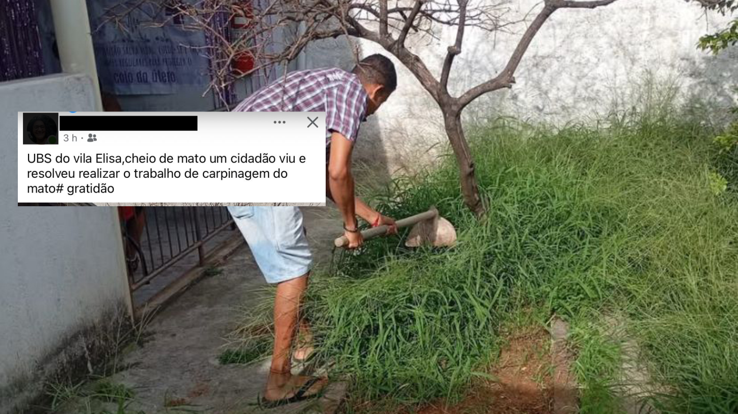 Morador capina UBS da Vila Eliza, em Franco da Rocha, que estava sendo tomada pelo mato