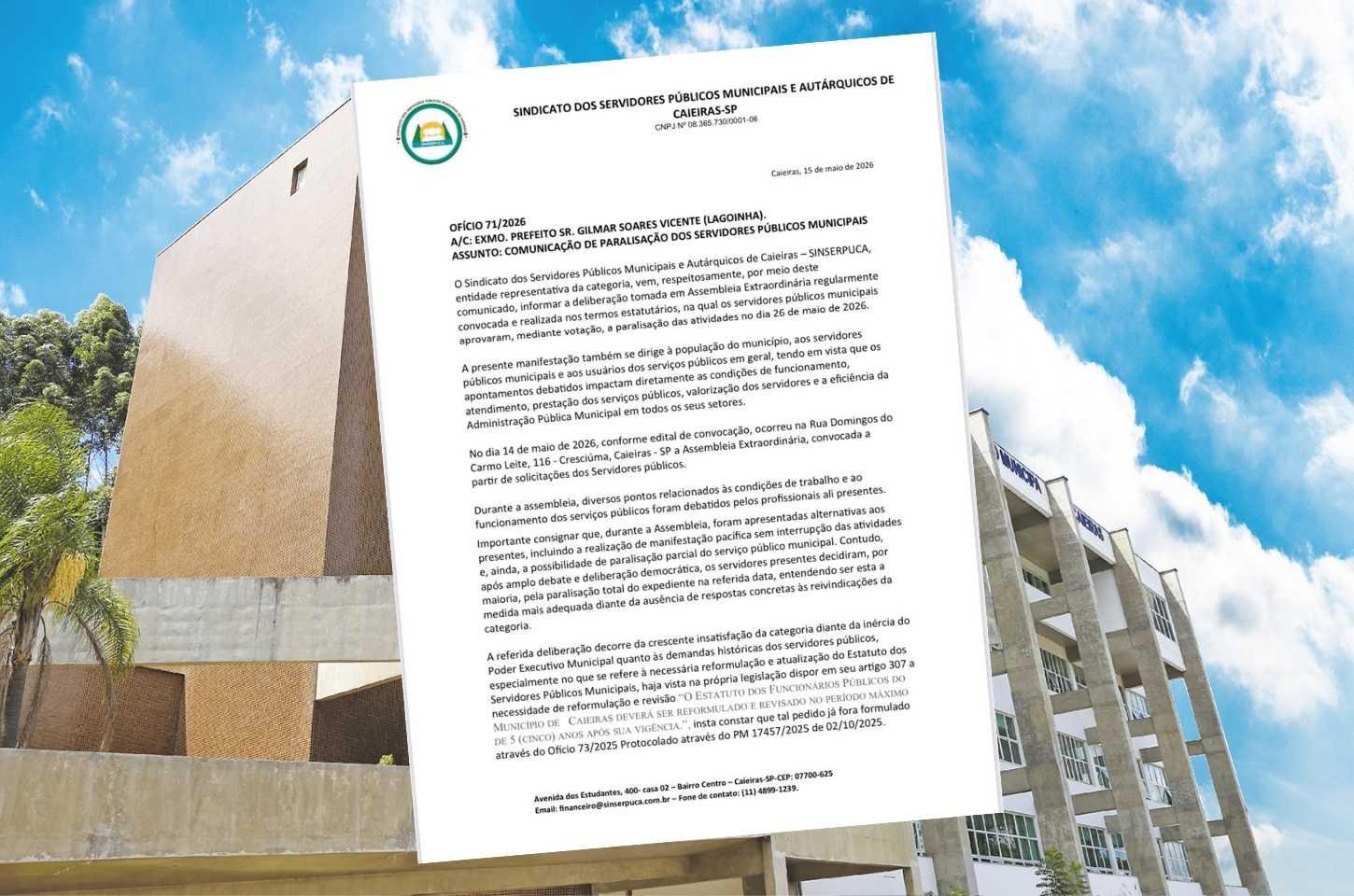 Servidores municipais de Caieiras aprovam greve total para o dia 26 de maio